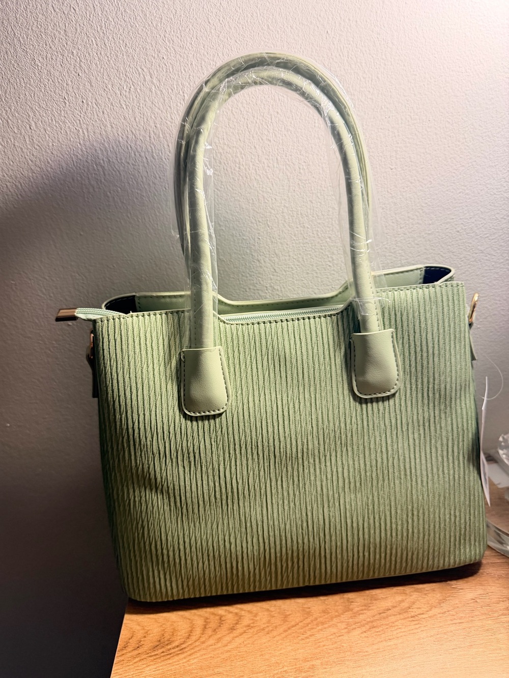 Structured Sage Green Textured Satchel Handbag